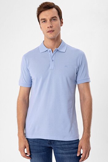 SÜVARİ Polo Neck Regular Fit Ice Blue Dobby T-Shirt