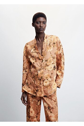 MANGO Woman Linen Blend Floral Blouse