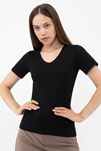 Soyo Women's Black Cotton V-Neck Short Sleeve Blouse