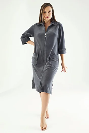 Nuşa Anthracite Collar Embroidered Zippered Bamboo Cotton Niki Velvet Dressing Gown