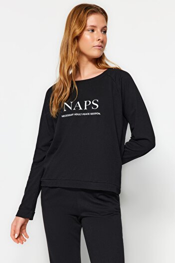 Trendyol Collection Black Slogan Tričko-Jogger Pletená pyžamová sada THMAW21PT0497