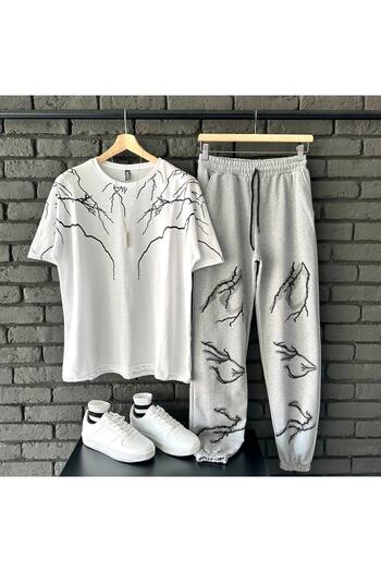 tetramoda Unisex Oversize Lightning Printed Tracksuit-T-Shirt Set