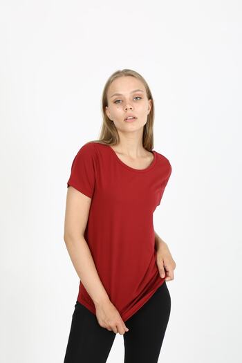 EDSA Kırmızı Oval Yaka Detaylı Kısa Kollu Basic Kadın T-shirt