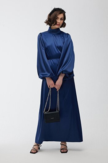 Manuka BALLOON SLEEVE SATIN EVENING DRESS NAVY BLUE