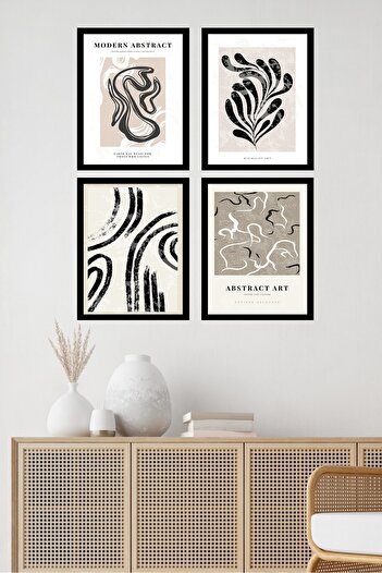 MUNİKA Ahşap Çerçeveli Modern Abstract 4'lü Tablo Seti D-025