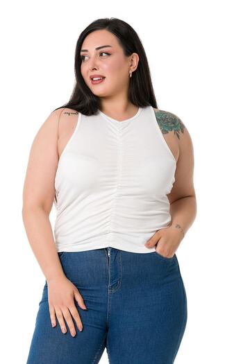 DISENTIS MODEST Plus Size Halter Neck Ecru Body with Draped Front and Sides