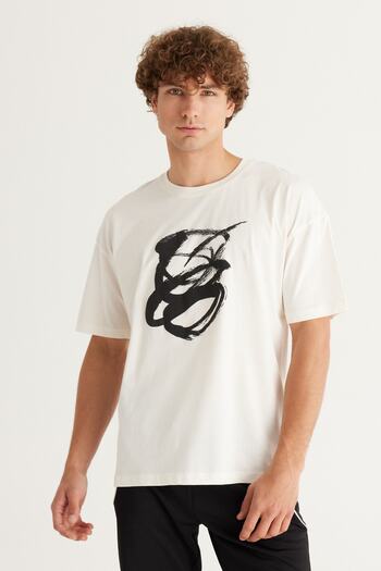 AC&Co / Altınyıldız Classics Men's Ecru Oversize Loose Cut Crew Neck 100% Cotton Printed T-Shirt