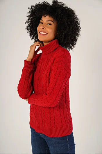 Trist Star Light Red Women's Hair Braided Turtleneck Wool Sweater