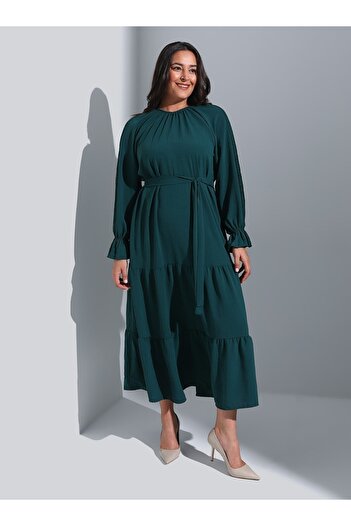 ALİA Embroidery Detailed Plus Size Hijab Dress - Emerald -