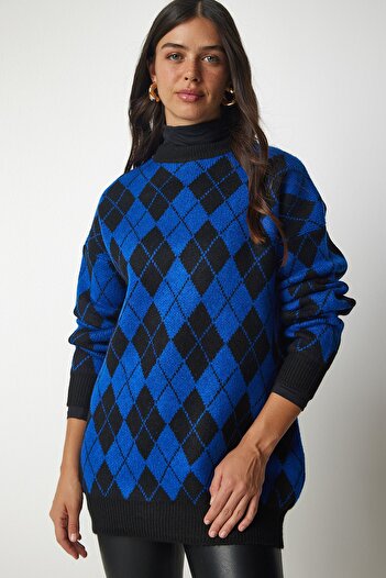 Happiness İstanbul Pulover oversize pentru tricotaje de damă cu model Blue Diamond YY00162