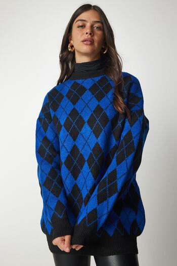 Happiness İstanbul Kadın Mavi Baklava Desenli Oversize Triko Kazak YY00162
