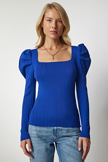 Happiness İstanbul Kadın Mavi Kare Yaka Fitilli Triko Bluz YY00159