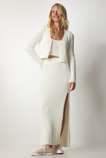 Happiness İstanbul Women's Ecru Cardigan Athlete Skirt Knitwear Set YY00130