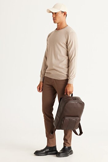 ALTINYILDIZ CLASSICS Men's Beige Wool Standard Fit Regular Cut Crew Neck Knitwear Sweater