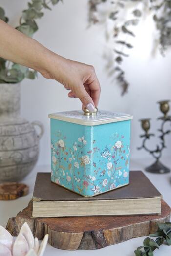 EVLE Er023-9f Botanica Blue Patterned Square Metal Storage Container 12x12 Cm