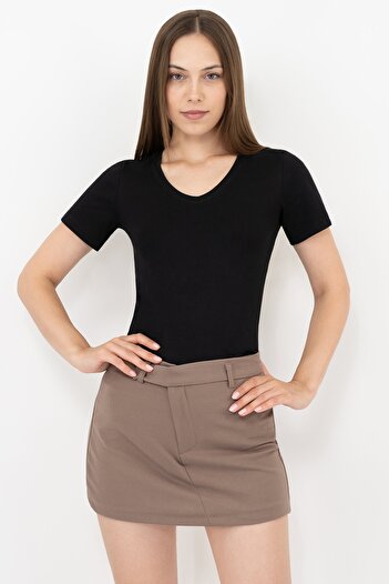 Soyo Women's Black Cotton V-Neck Short Sleeve Blouse
