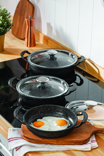FİTHOME 3-Piece Glass Lid Can Enter The Oven Granite Casting Pan Set 18-20-22 CM