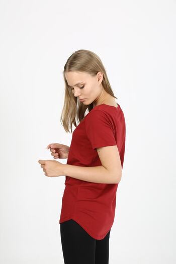 EDSA Kırmızı Oval Yaka Detaylı Kısa Kollu Basic Kadın T-shirt