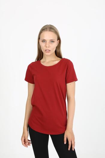 EDSA Kırmızı Oval Yaka Detaylı Kısa Kollu Basic Kadın T-shirt