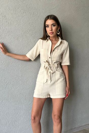 Seda Yalçın Atelier Natural Buttoned Belted Short Jumpsuit