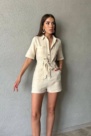 Seda Yalçın Atelier Natural Buttoned Belted Short Jumpsuit