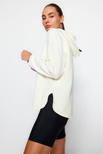 Trendyol Collection Ecru tlustá fleecová mikina oversize/široký střih s kapucí a zipem TWOAW22SW2063