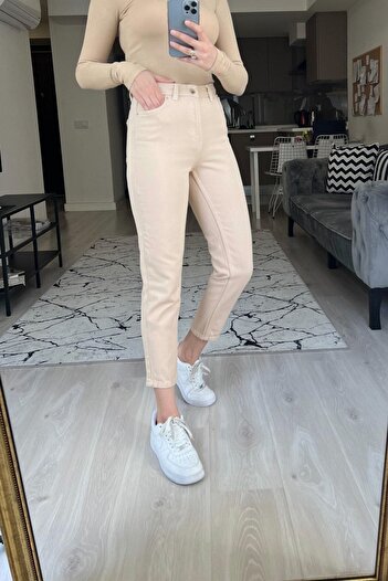 MAKRAS EXCLUSIVE Pantaloni flexibili din blugi cu talie înaltă Lycra bej Mom Jeans