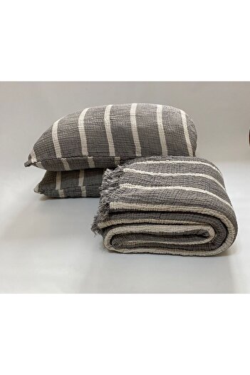 YASEMİNİNEVİ King Size Anthracite Striped Muslin Bedspread / Pike Set with 2 Pillowcases