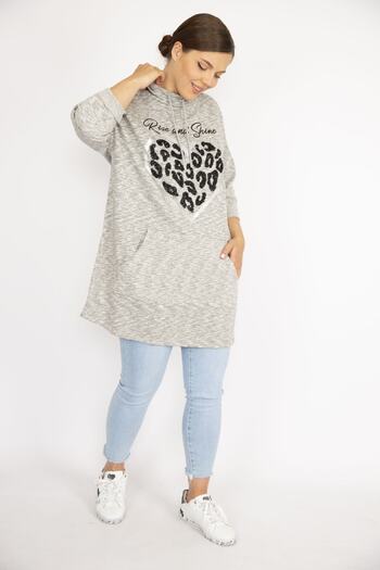 Şans Women's Large Size Gray Sequin Embroidered Kangaroo Pocket Hooded Sweatshirt 65n36726