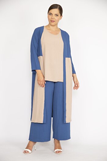 Şans Women's Large Size Indigo Cardigan Inner Blouse and Trousers Three Pieces Set 65n36731
