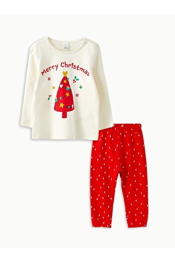 LC Waikiki Langarm-Pyjama-Set für Babys mit Rundhalsausschnitt und Neujahrsmotiv