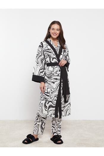 LC Waikiki Patterned Shawl Collar Long Sleeve Women's Dressing Gown