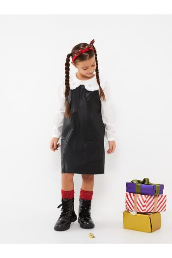 LC Waikiki Square Collar Basic Strap Leather Look Girl's Dress