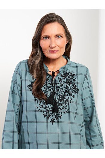 LC Waikiki Lcw Grace Green Lace-Up Neckline Embroidered Long Sleeve Women's Tunic