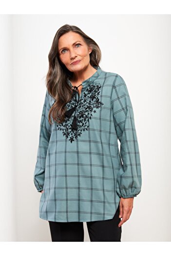 LC Waikiki Lcw Grace Green Lace-Up Neckline Embroidered Long Sleeve Women's Tunic