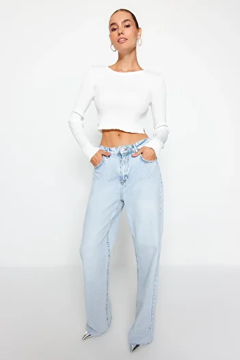 Trendyol Collection Heart Patterned Ecru Crop Knitwear Sweater - Twoaw24Kz01122