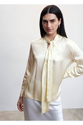 MANGO Woman Satin Blouse with Tie Detail on the Collar