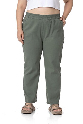 DISENTIS MODEST Plus Size Gabardine Khaki Trousers with Elastic Waist and Pockets