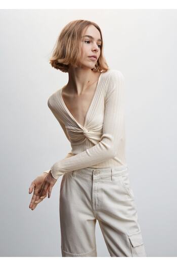 MANGO Woman Ribbed Sweater with Knot Detail