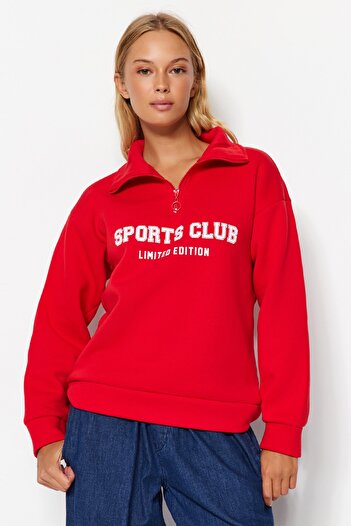 Trendyol Collection Piros szlogen polár cipzáras vastag belső pulóver - normál szabású Twoaw23sw00703