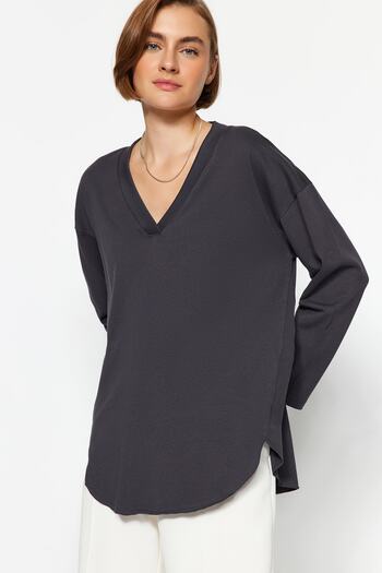 Trendyol Collection Anthracite Premium Thick Cotton V-Neck Cotton Regular/Normal Fit Knitted Knitted T-Shirt Twoaw24Ts00005