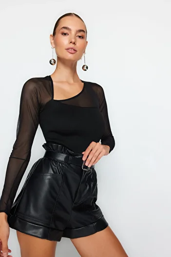 Trendyol Collection Black Tulle Detailed Knitwear Sweater TWOAW24KZ01013