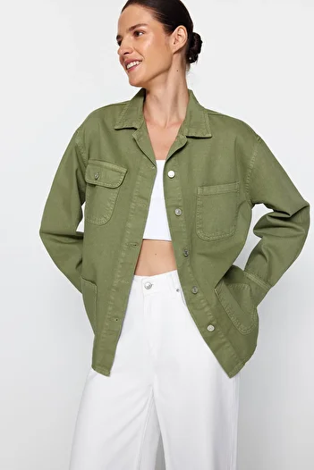 Trendyol Collection Khaki Oversize Denim Shirt Jacket with Pocket Detail TWOAW22CE0272