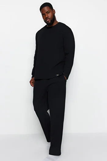 Trendyol Collection Waffle Knit Black Plus Size Pajamas Set - Regular Fit Tmnaw24Ai00001
