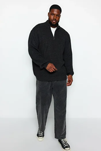 Trendyol Collection Plus Size Anthracite Knitwear Sweater - Zippered, Regular Fit TMNAW24AN00008