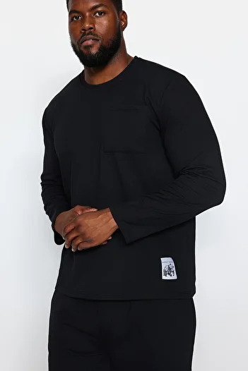 Trendyol Collection Μαύρο Regular Fit Label Λεπτομερές σετ πιτζάμες σε μεγάλο μέγεθος TMNAW24AI00003