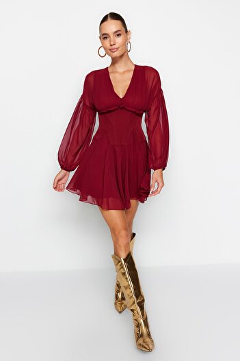 Trendyol Collection Βραδινό φόρεμα μπορντό σιφόν A-cut - TPRAW24EL00040