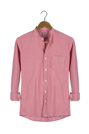 VEAVEN Men's Red Pocket Plaid Collar Long Sleeve Shirt