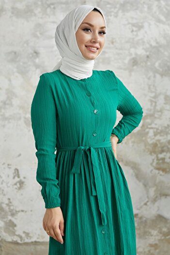InStyle Lemina Kuşaklı Elbise - Zümrüt Yeşili