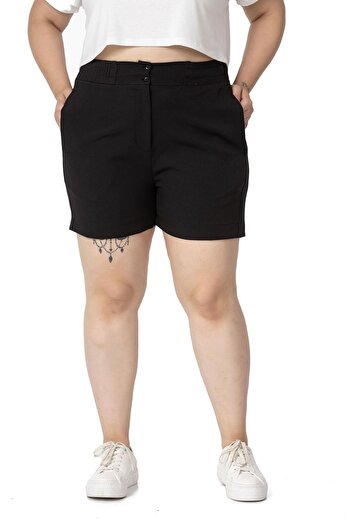 DISENTIS MODEST Plus Size Black Shorts with Elastic Waist and Back Pockets